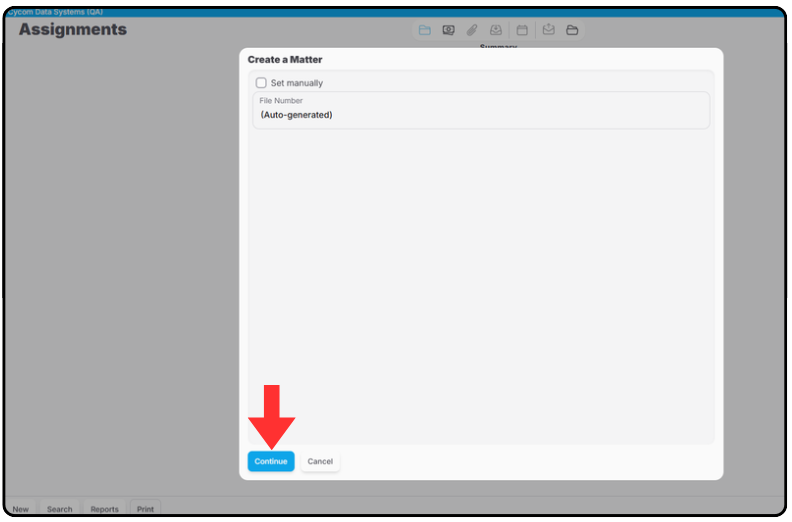 The New File window, where CLNG generates the File Number for the new matter