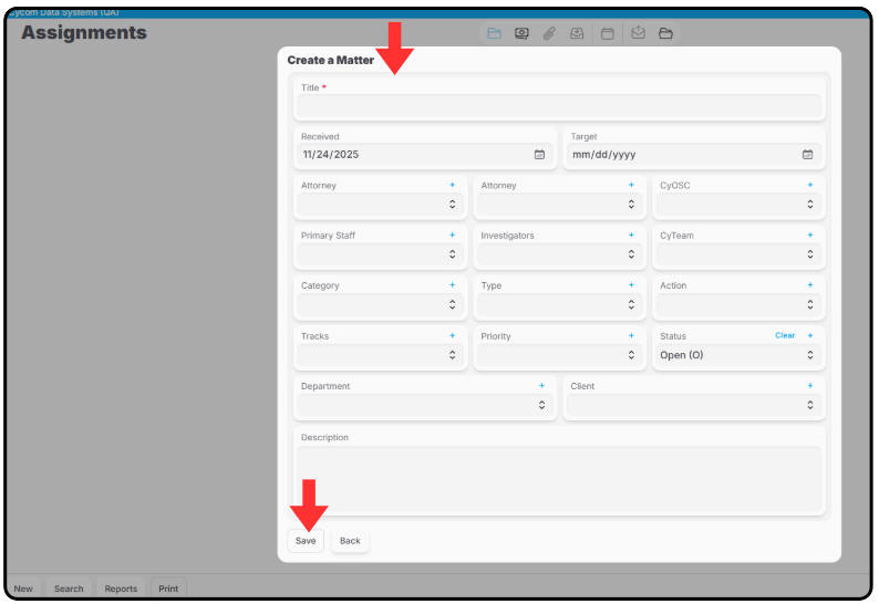 The New Assignment Entry window with its fields for a new matter